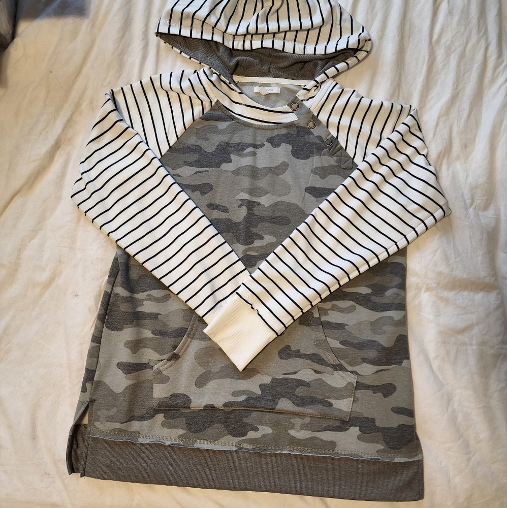 Camo and striped hooded sweatshirt